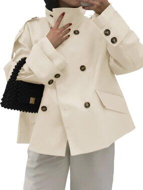 Women's Beige Polyester Cropped Oversized Stand Collar Casual Trench Coat